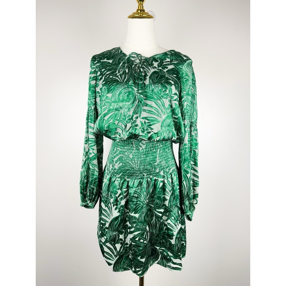 WHBM Green Palm Print Burnout Smocked Waist Dress S Tropical Resort Vacation
